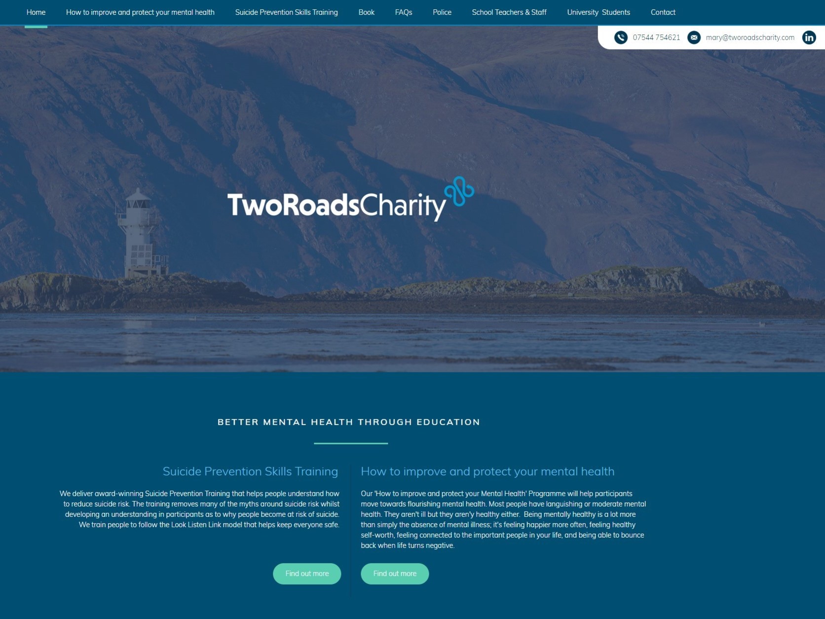 A website design belonging to a charity who supports better mental health through education